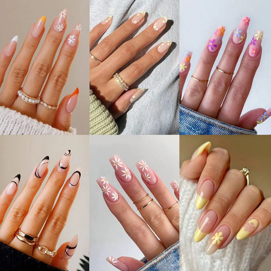 6 Packs (144 Pcs) Press on Nails Medium Design, Misssix Short Fake Nails Almond Glue on Nails Set with Adhesive Tabs Nail File for Women Floral